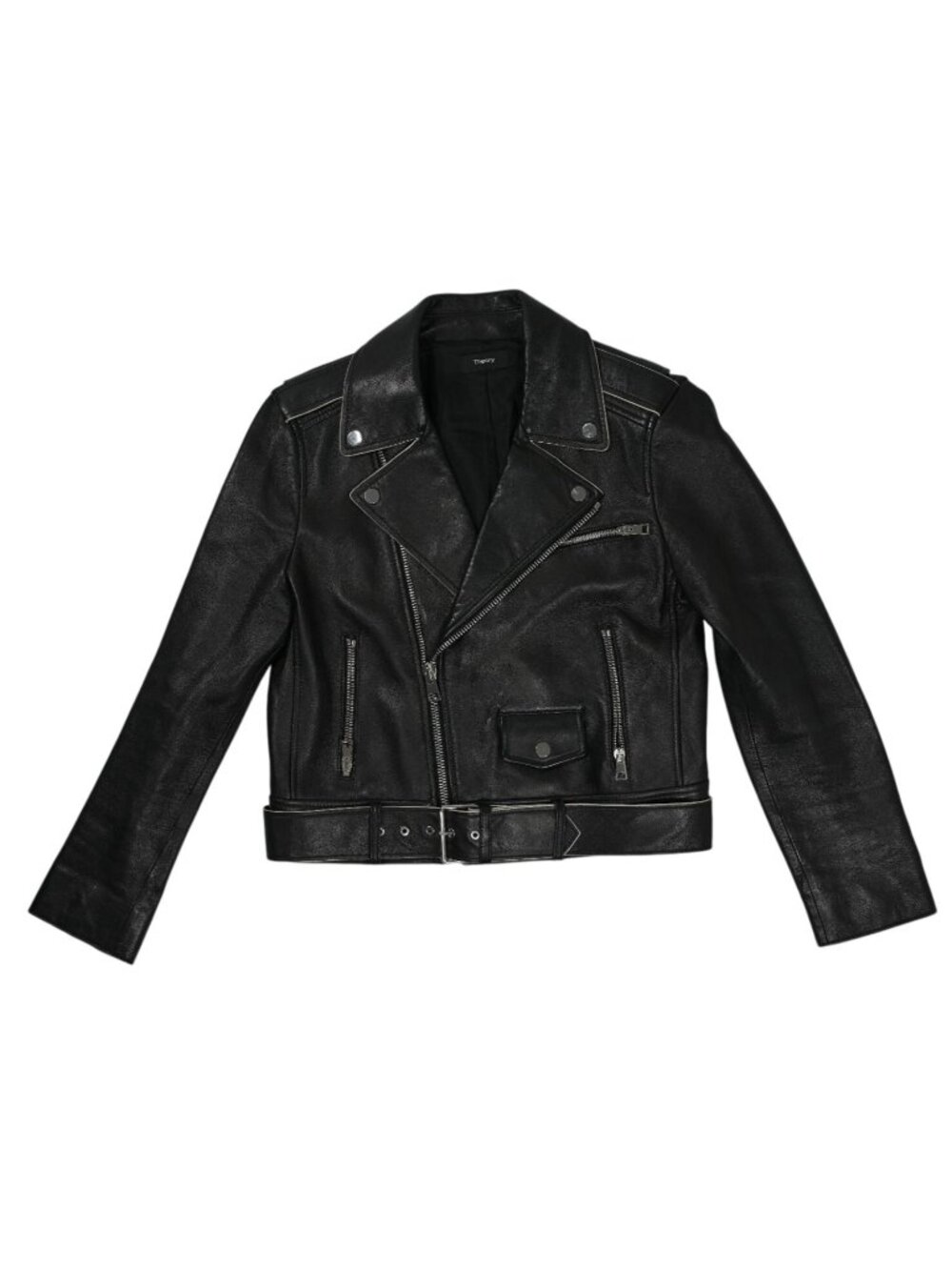 Theory Shrunken Leather Painted Edge Moto Jacket in Black